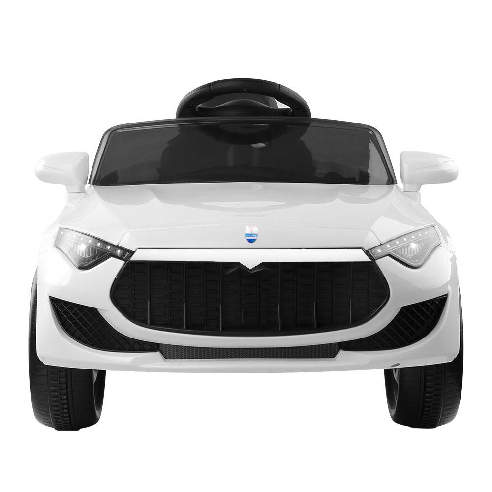Rigo Kids Ride On Car in white, featuring sleek Maserati-inspired design, remote control, and safety features for children.