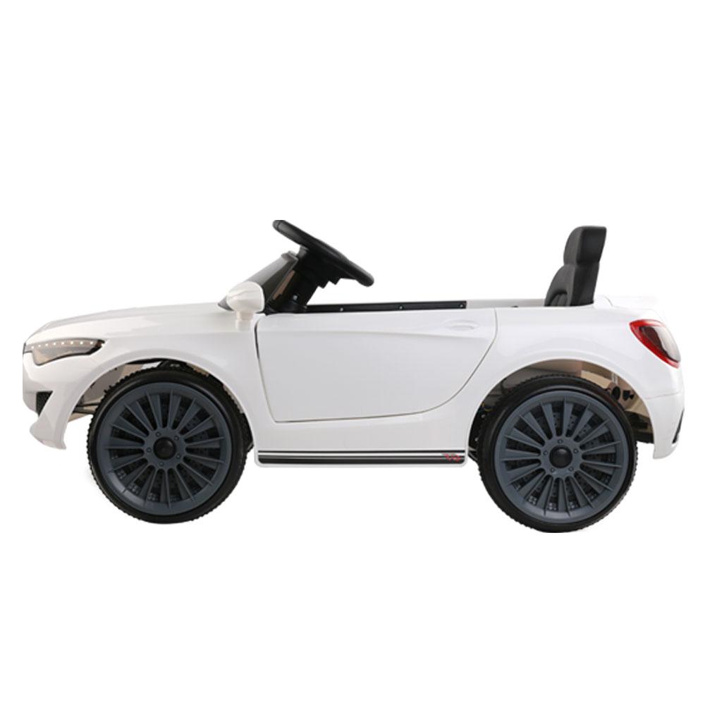 Rigo Kids Ride On Car in white, featuring sleek Maserati-inspired design, remote control, and safety features for children.