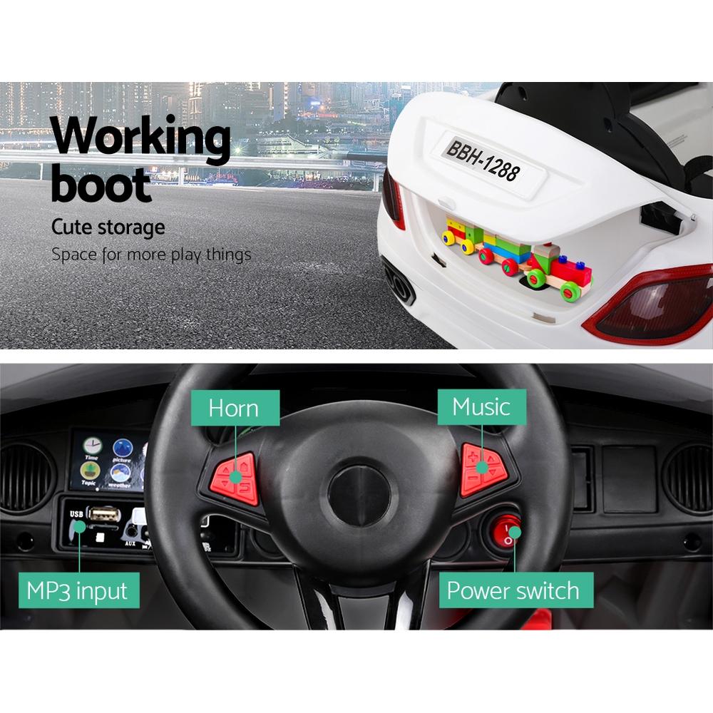 Rigo Kids Ride On Car in white, featuring sleek Maserati-inspired design, remote control, and safety features for children.