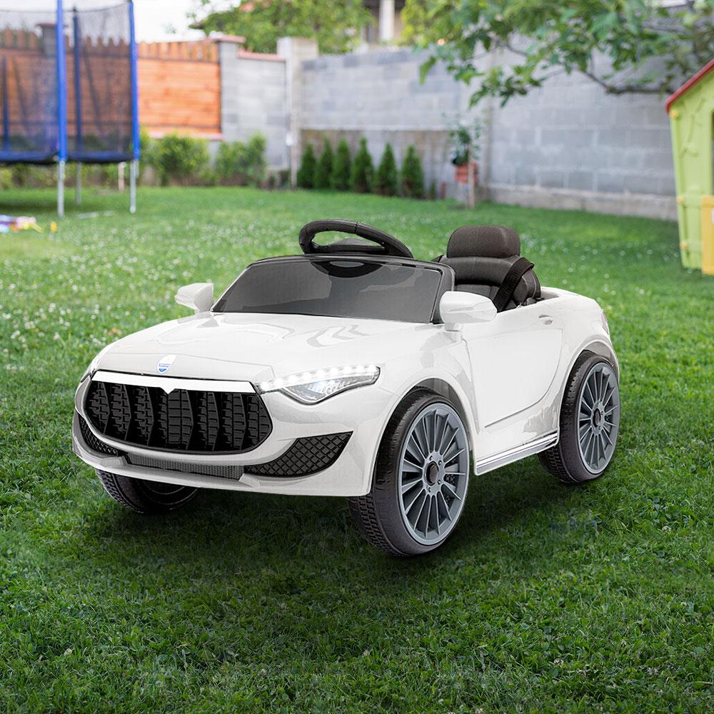 Rigo Kids Ride On Car in white, featuring sleek Maserati-inspired design, remote control, and safety features for children.