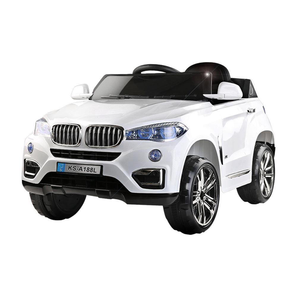 Rigo Kids Ride On Car in white color, resembling a BMW X5, showcasing its sleek design, working doors, and bright headlights.