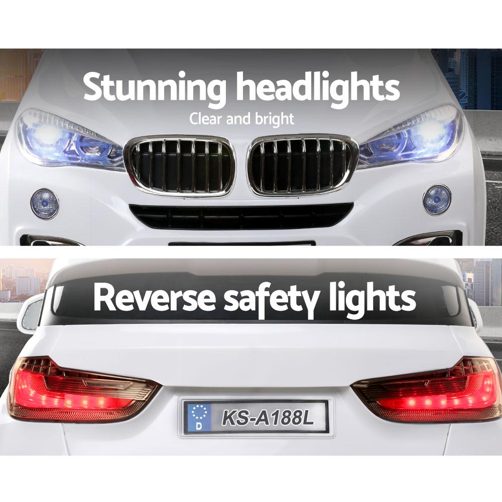 Rigo Kids Ride On Car in white color, resembling a BMW X5, showcasing its sleek design, working doors, and bright headlights.