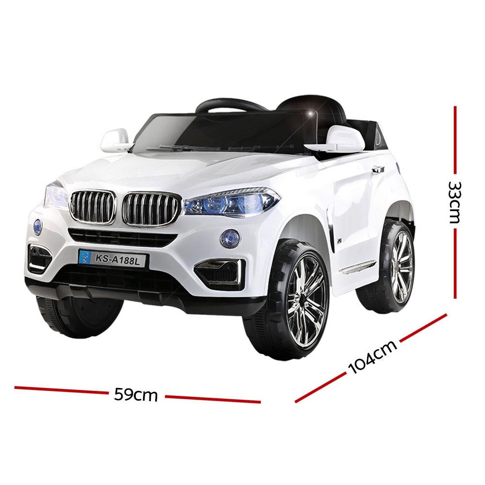Rigo Kids Ride On Car in white color, resembling a BMW X5, showcasing its sleek design, working doors, and bright headlights.