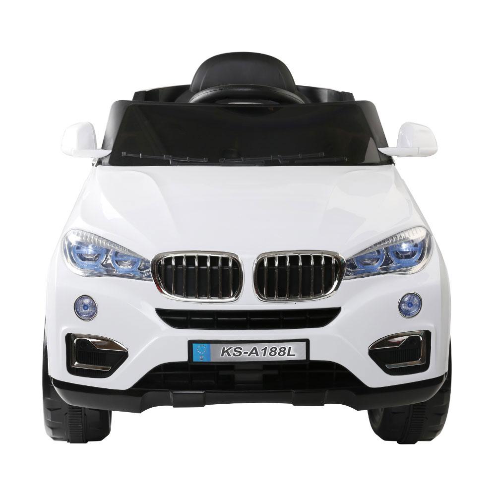 Rigo Kids Ride On Car in white color, resembling a BMW X5, showcasing its sleek design, working doors, and bright headlights.