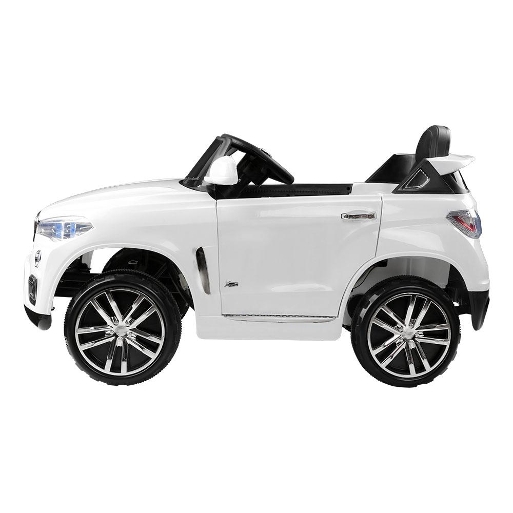 Rigo Kids Ride On Car in white color, resembling a BMW X5, showcasing its sleek design, working doors, and bright headlights.