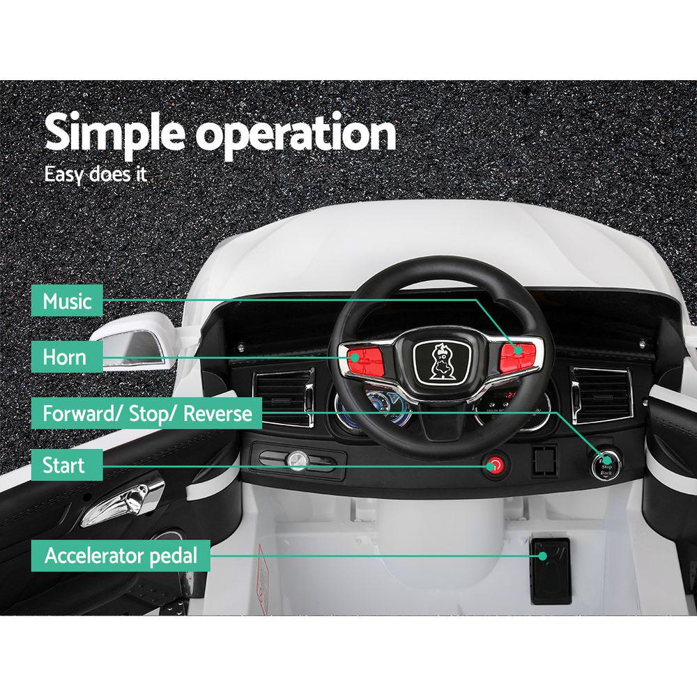 Rigo Kids Ride On Car in white color, resembling a BMW X5, showcasing its sleek design, working doors, and bright headlights.