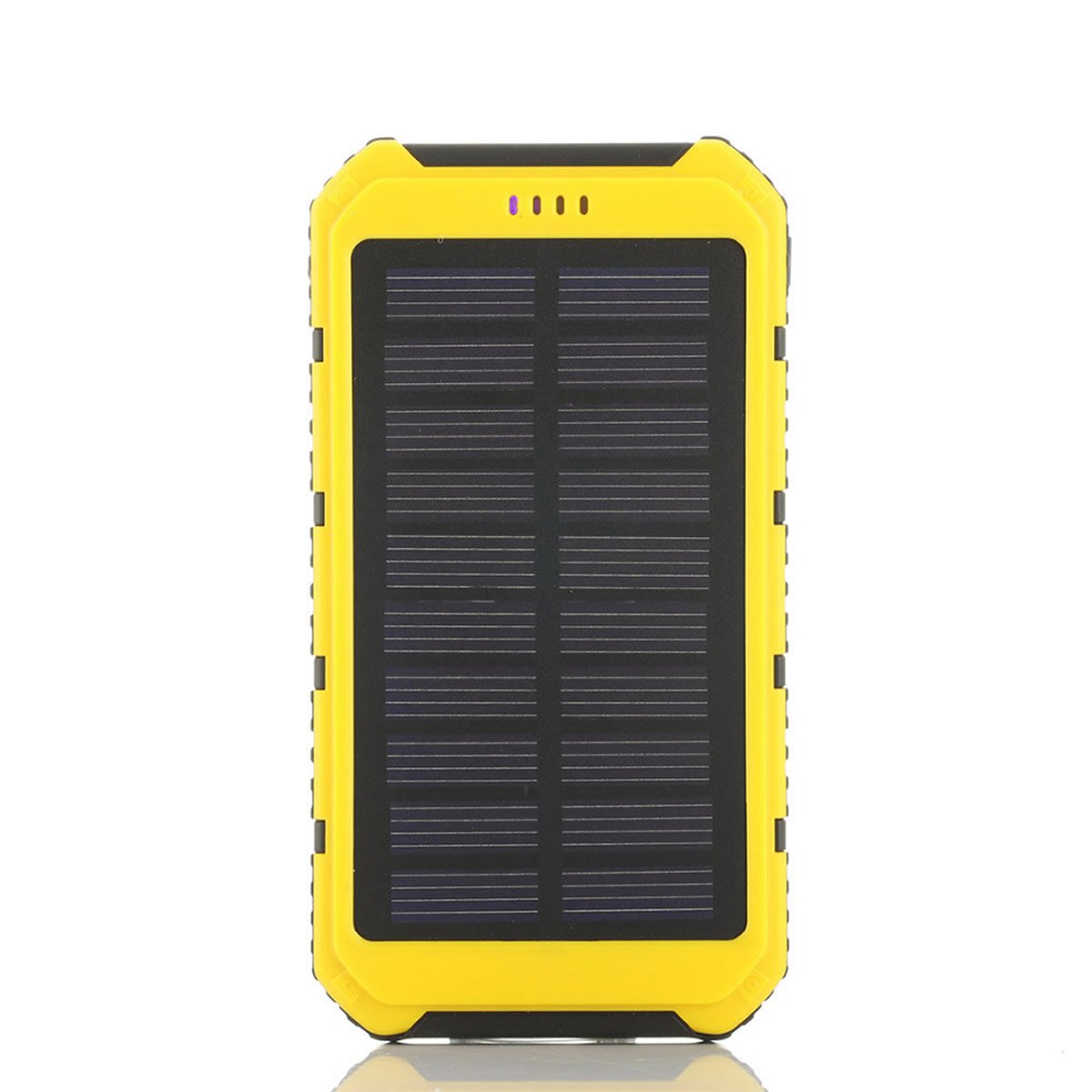 Roaming Solar Power Bank with dual USB ports, rugged design, and built-in flashlight, ideal for charging devices outdoors.
