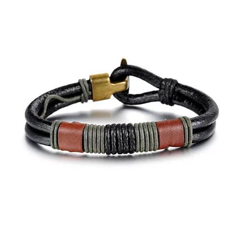 RODEO Olive Genuine Leather Bracelet featuring olive and brown leather cords wrapped around a black leather core with a brass toggle clasp.