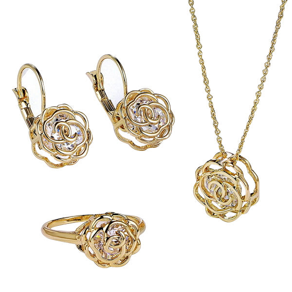 Rose Is A Rose jewelry set featuring a ring, earrings, and pendant in 18kt gold with diamond crystal accents, elegantly displayed.