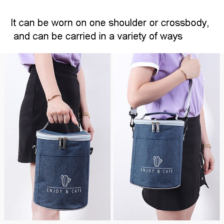Round insulated lunch bag made of cationic Oxford cloth with a detachable shoulder strap, available in multiple sizes.