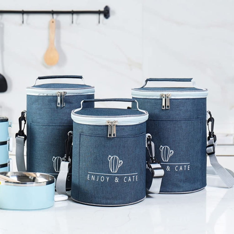 Round insulated lunch bag made of cationic Oxford cloth with a detachable shoulder strap, available in multiple sizes.