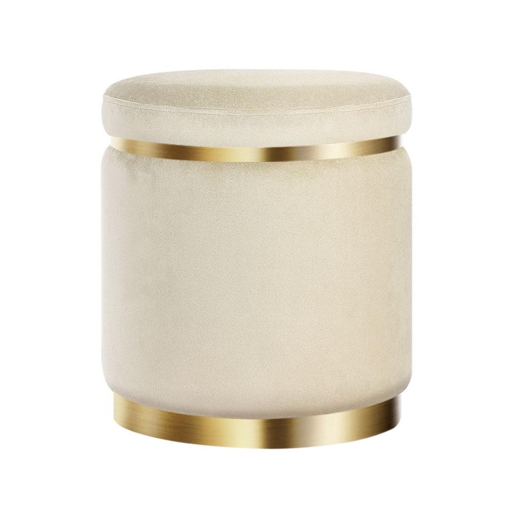 Round velvet foot stool ottoman with tufted design and gold stainless-steel rings, perfect for footrest or extra seating.