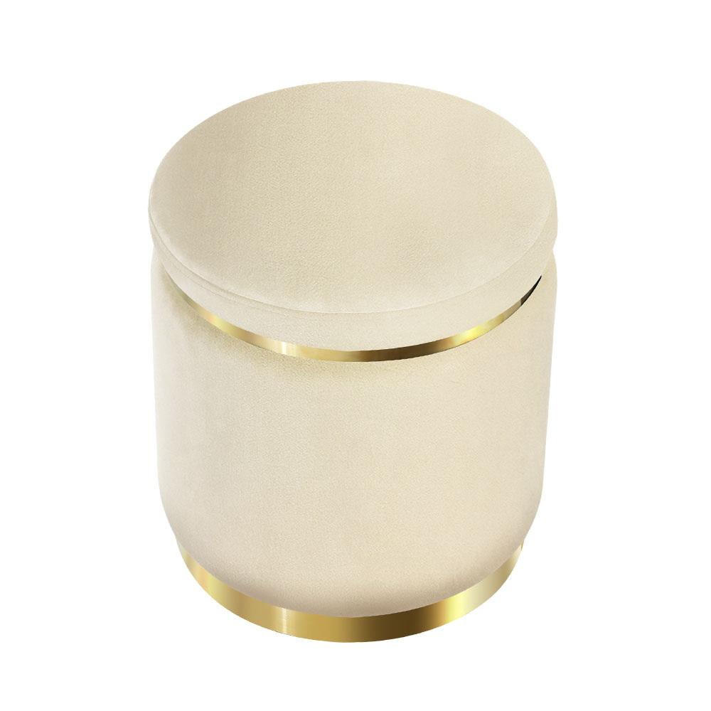 Round velvet foot stool ottoman with tufted design and gold stainless-steel rings, perfect for footrest or extra seating.