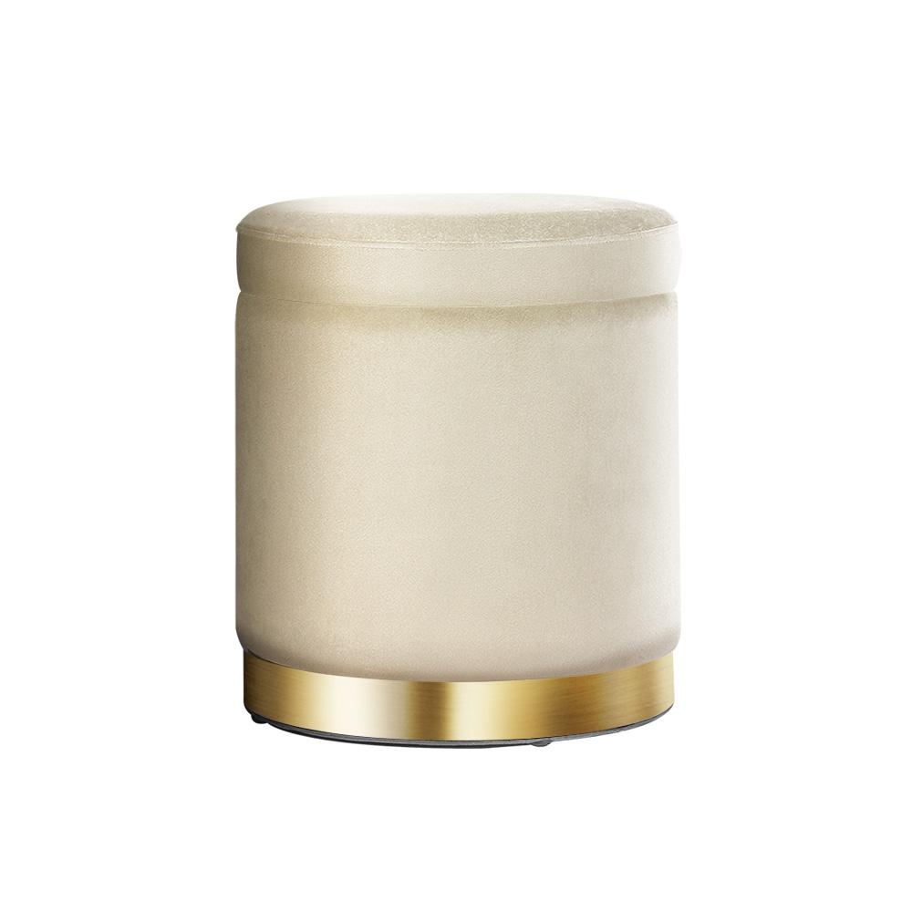 Round velvet foot stool with tufted seat and gold stainless-steel rings, perfect for footrest or extra seating.