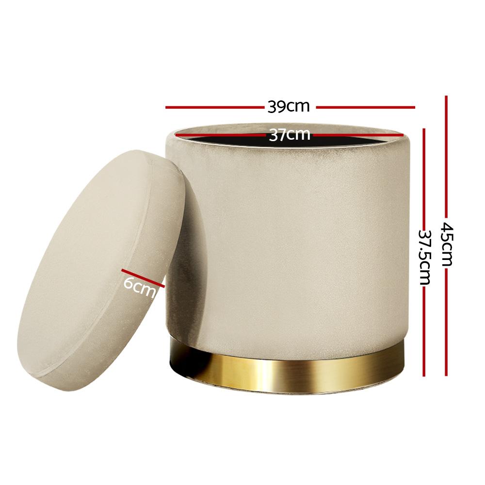 Round velvet foot stool with tufted seat and gold stainless-steel rings, perfect for footrest or extra seating.