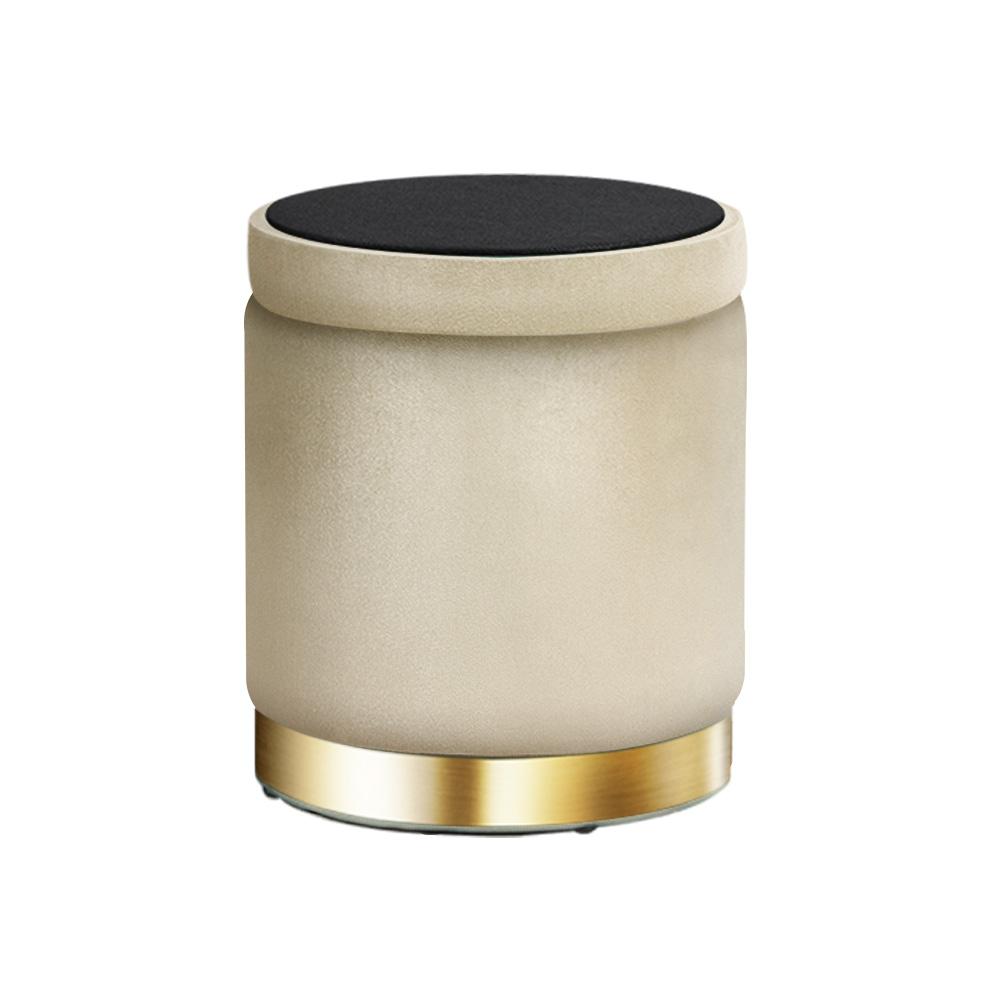 Round velvet foot stool with tufted seat and gold stainless-steel rings, perfect for footrest or extra seating.