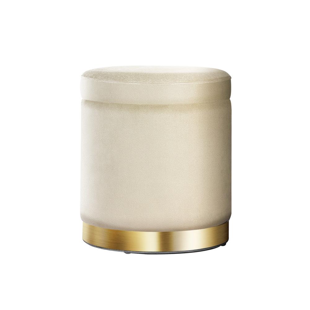 Round velvet foot stool with tufted seat and gold stainless-steel rings, perfect for footrest or extra seating.