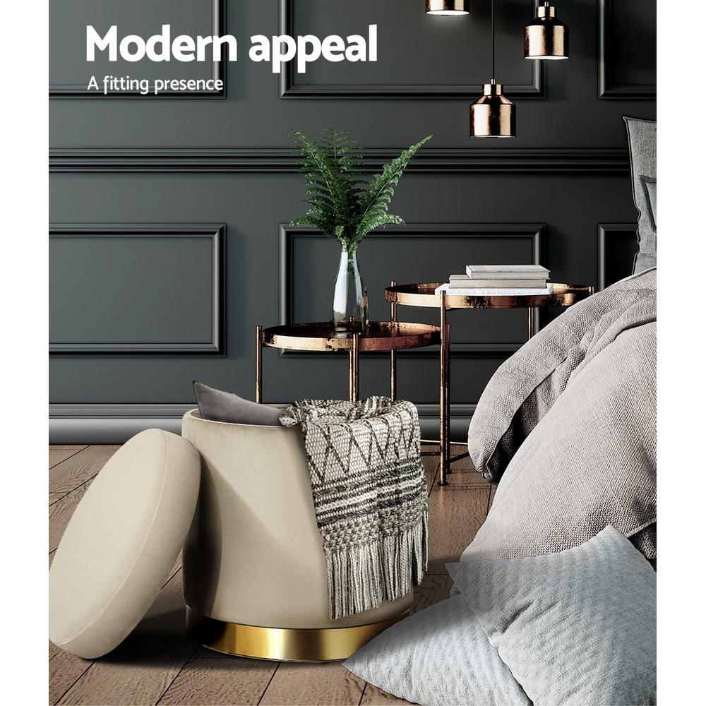 Round velvet foot stool with tufted seat and gold stainless-steel rings, perfect for footrest or extra seating.