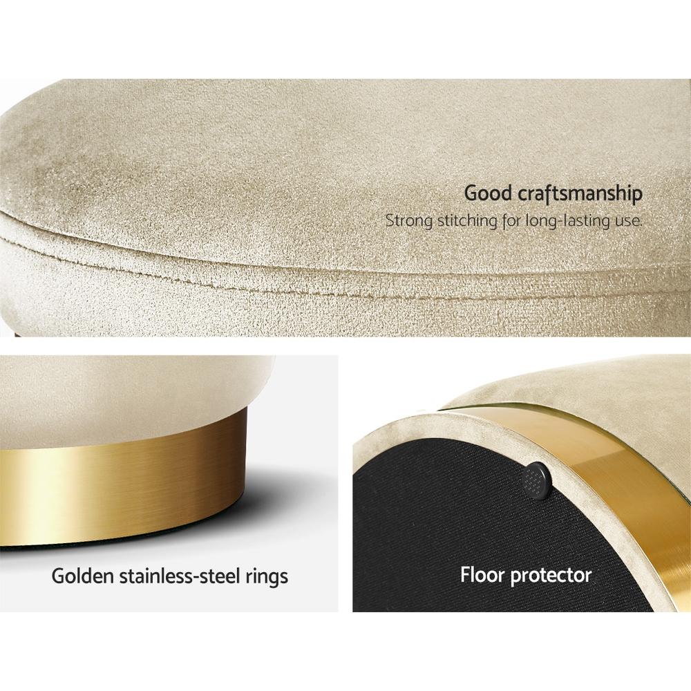 Round velvet foot stool with tufted seat and gold stainless-steel rings, perfect for footrest or extra seating.