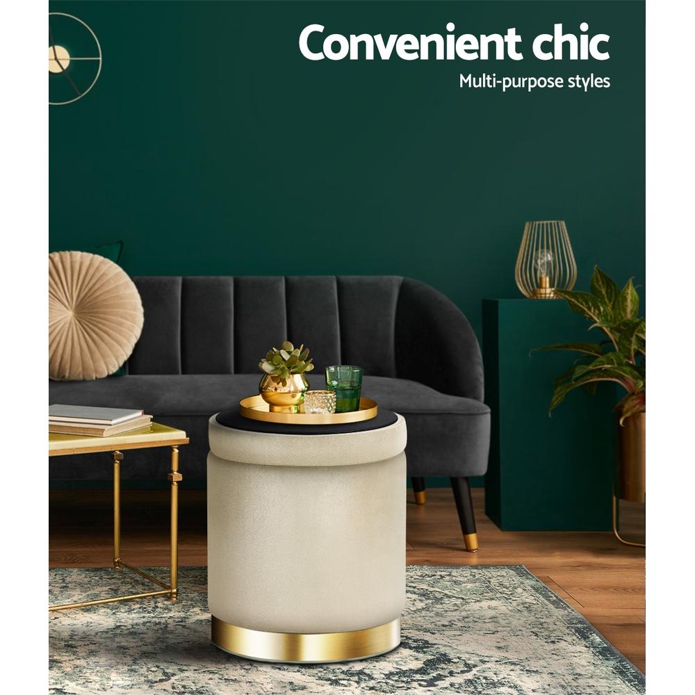 Round velvet foot stool with tufted seat and gold stainless-steel rings, perfect for footrest or extra seating.