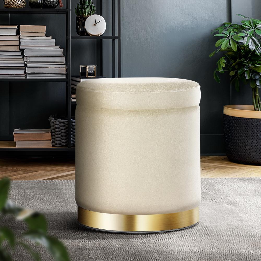 Round velvet foot stool with tufted seat and gold stainless-steel rings, perfect for footrest or extra seating.