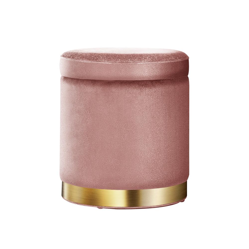 Round velvet foot stool with tufted design and gold stainless-steel rings, perfect for footrest or extra seating.