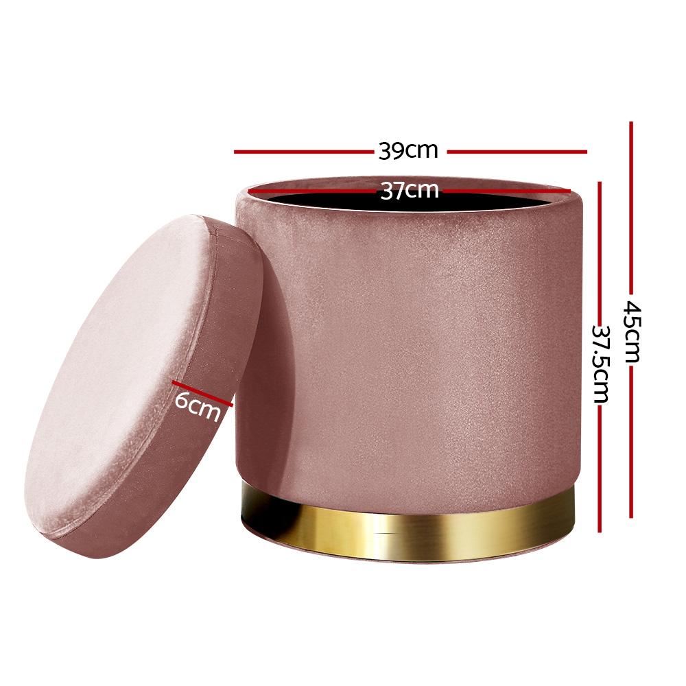 Round velvet foot stool with tufted design and gold stainless-steel rings, perfect for footrest or extra seating.