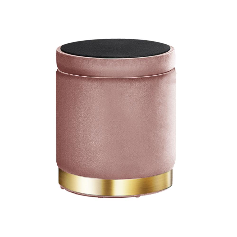 Round velvet foot stool with tufted design and gold stainless-steel rings, perfect for footrest or extra seating.