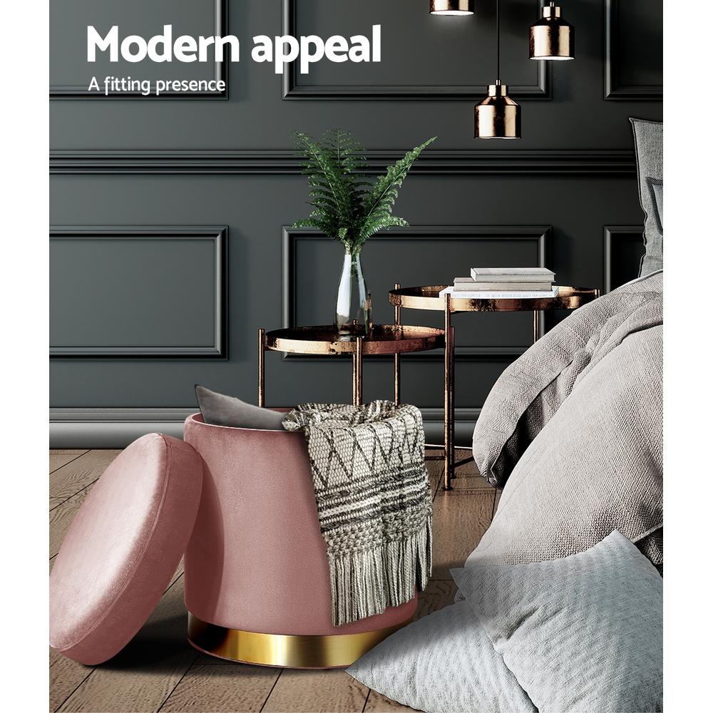 Round velvet foot stool with tufted design and gold stainless-steel rings, perfect for footrest or extra seating.