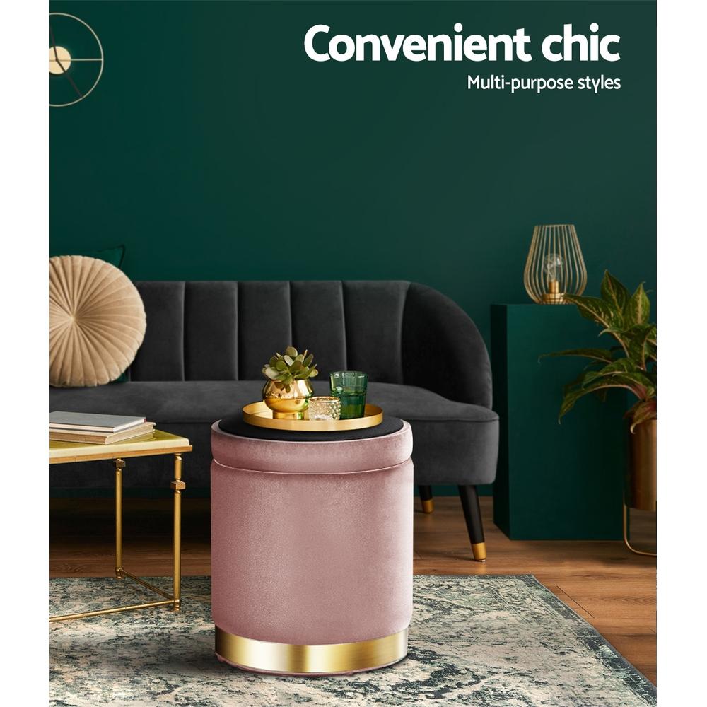 Round velvet foot stool with tufted design and gold stainless-steel rings, perfect for footrest or extra seating.