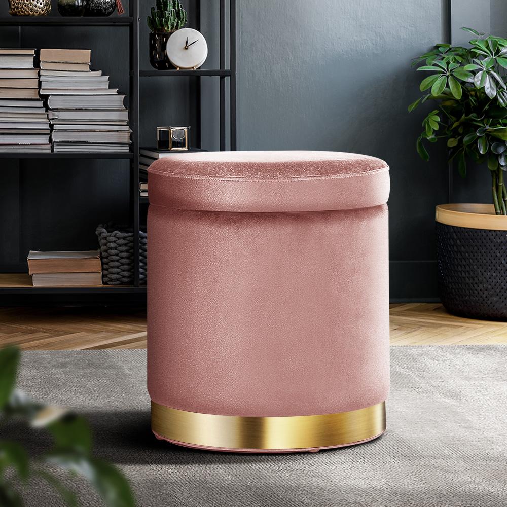 Round velvet foot stool with tufted design and gold stainless-steel rings, perfect for footrest or extra seating.