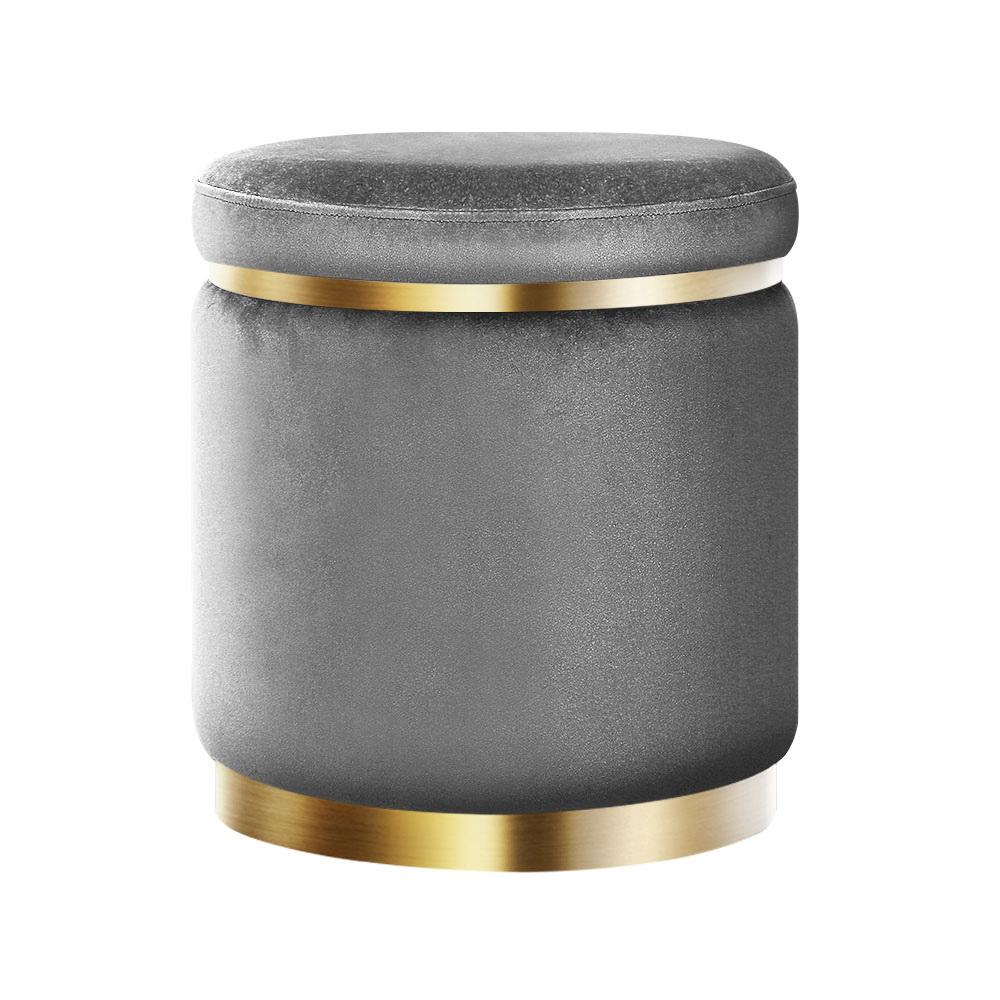 Round Velvet Ottoman Foot Stool in Charcoal Grey with tufted design and gold stainless-steel rings, perfect for footrest or extra seating.