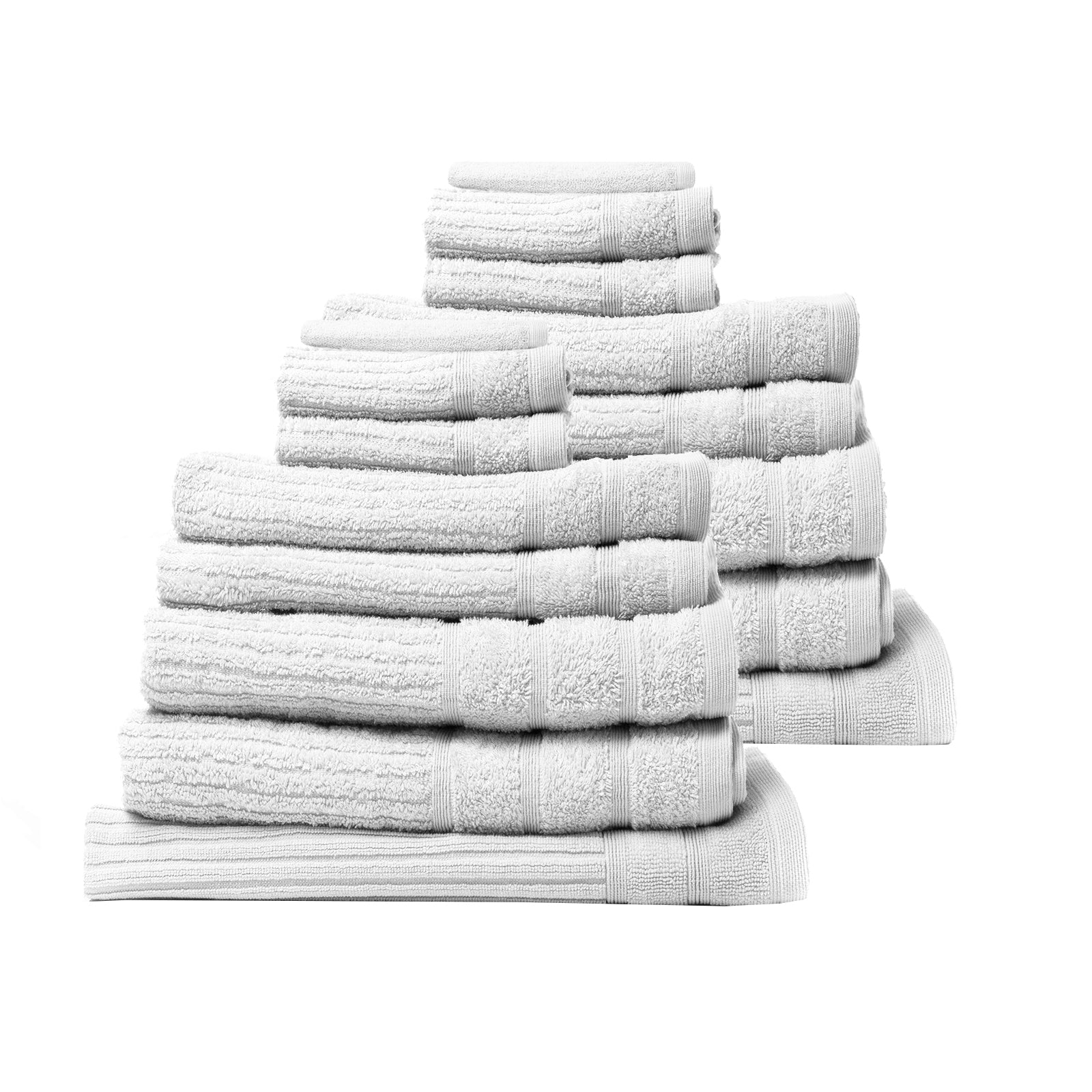 Royal Comfort 16 Piece Egyptian Cotton Eden Towel Set featuring various towels and bath mats in elegant colors.
