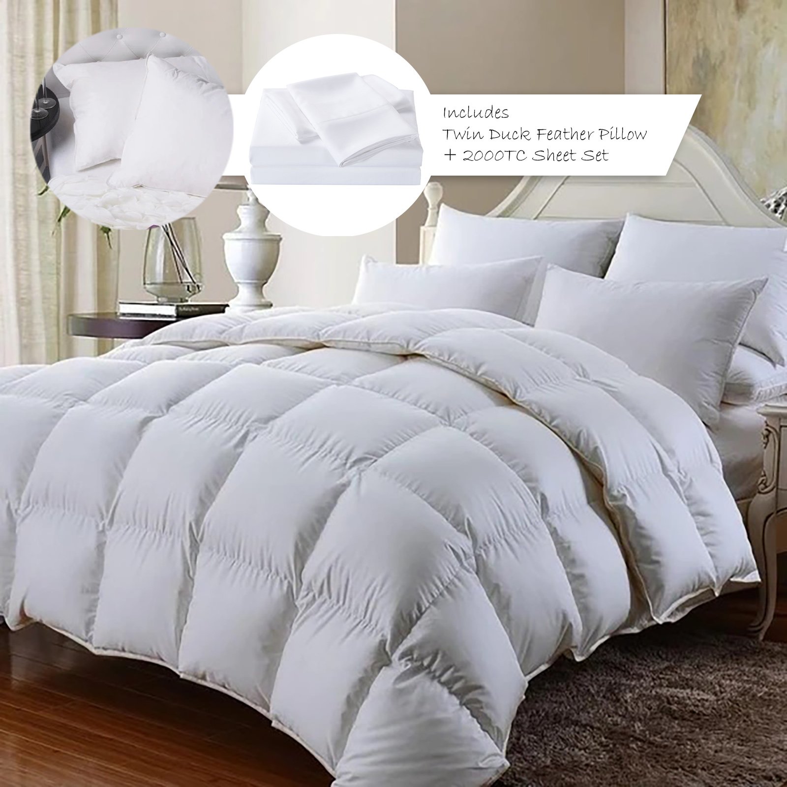 Royal Comfort 350GSM Bamboo Quilt, 2000TC Sheet Set, and Twin Pack Duck Feather and Down Pillows displayed elegantly on a bed.