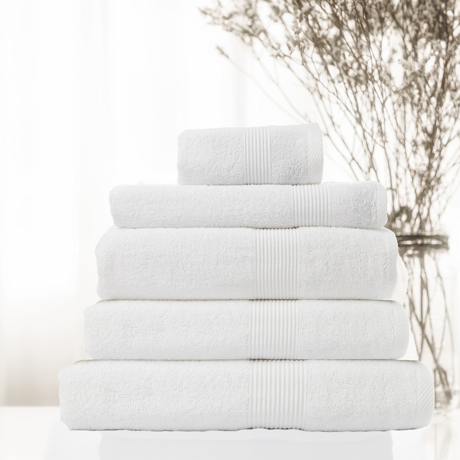 Royal Comfort 5 Piece Cotton Bamboo Towel Set featuring plush bath towels, hand towel, wash towel, and bath mat in soft colors.