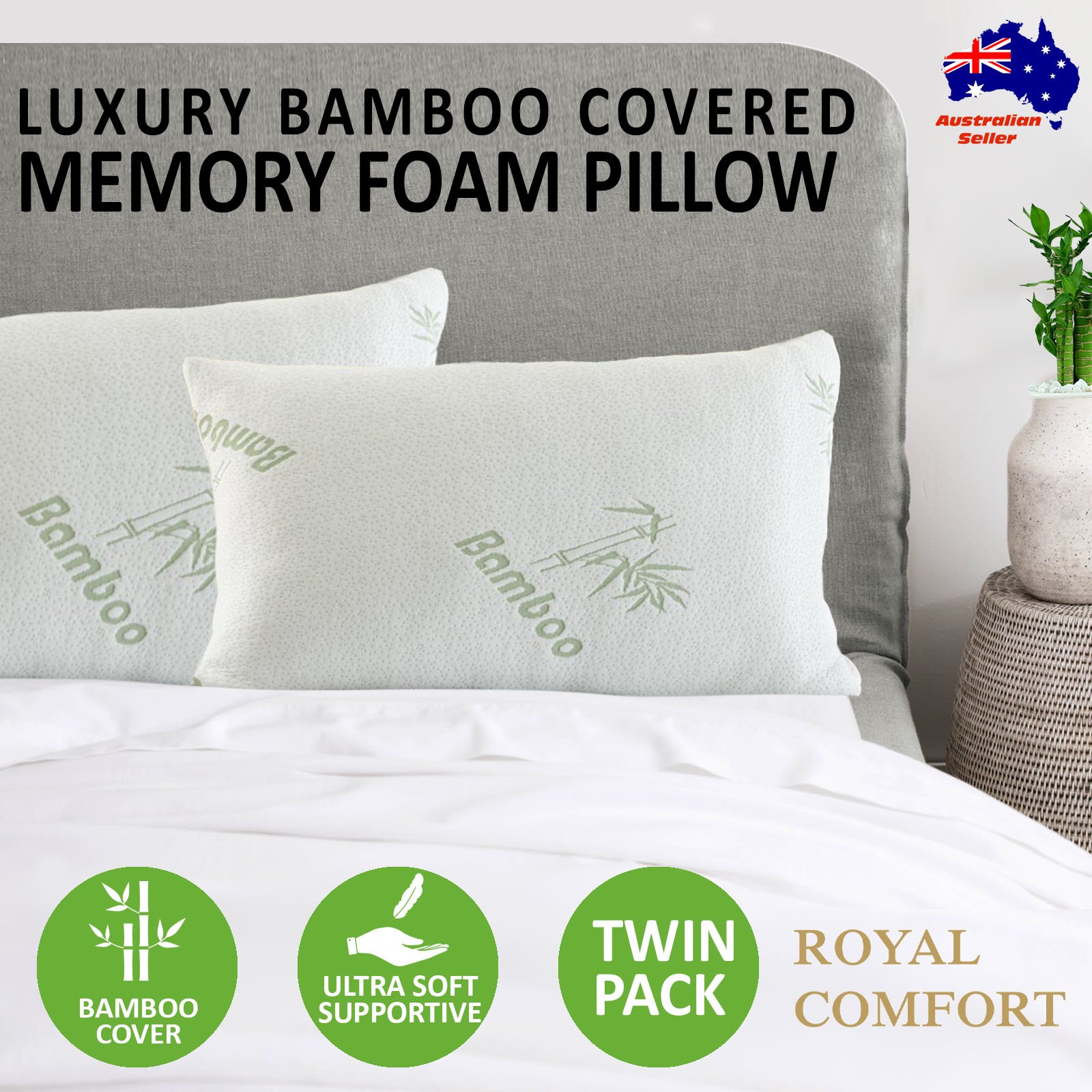 Royal Comfort Luxury Bamboo Covered Memory Foam Pillow Twin Pack featuring two pillows with a bamboo cover and memory foam filling, ideal for restful sleep.