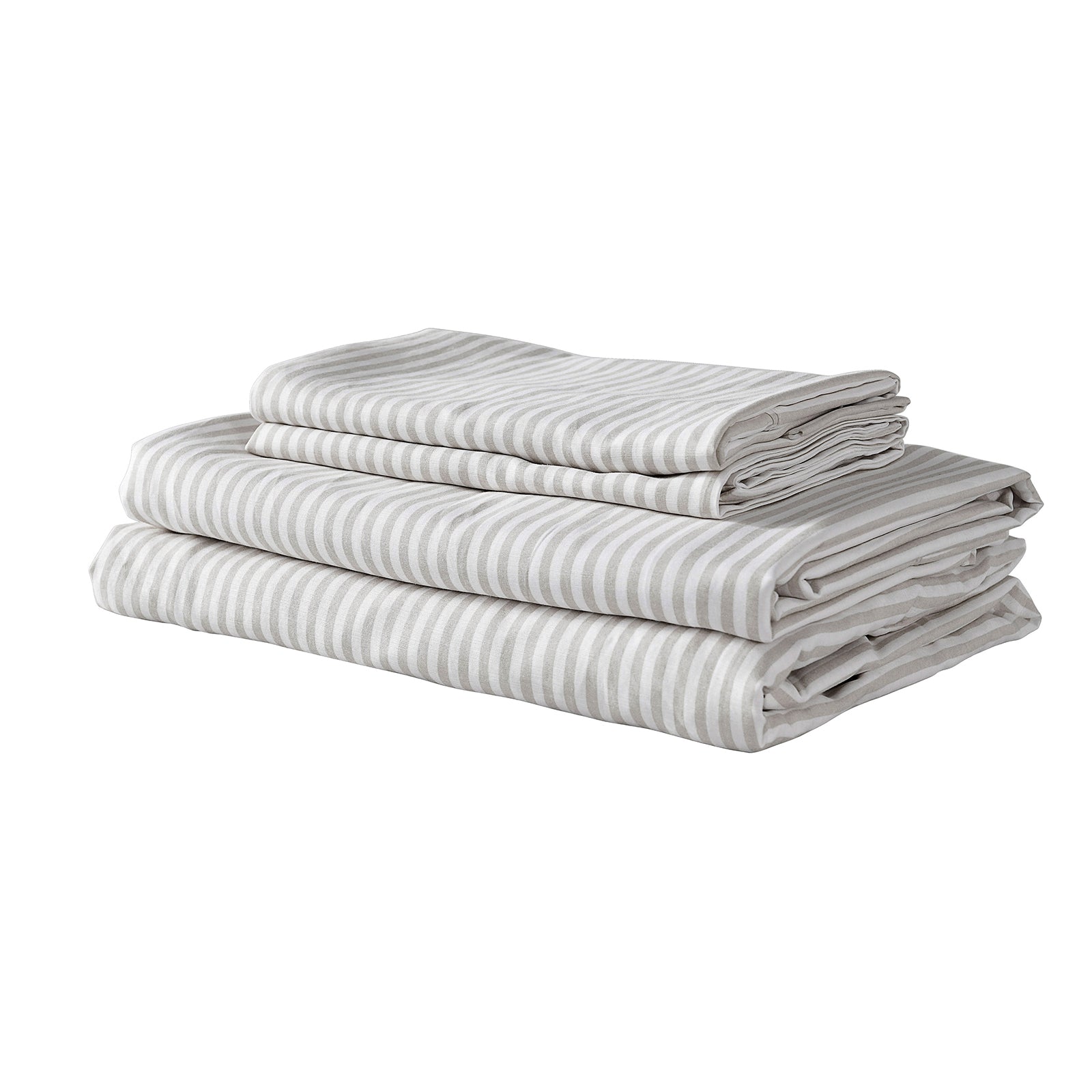 Royal Comfort Stripes Linen Blend Sheet Set featuring a neutral stripe design, showcasing its luxurious texture and breathable fabric.