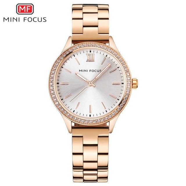 Royal Dress Elegant Ladies Quartz Watch with stainless steel strap and crystal design, showcasing luxury and style.