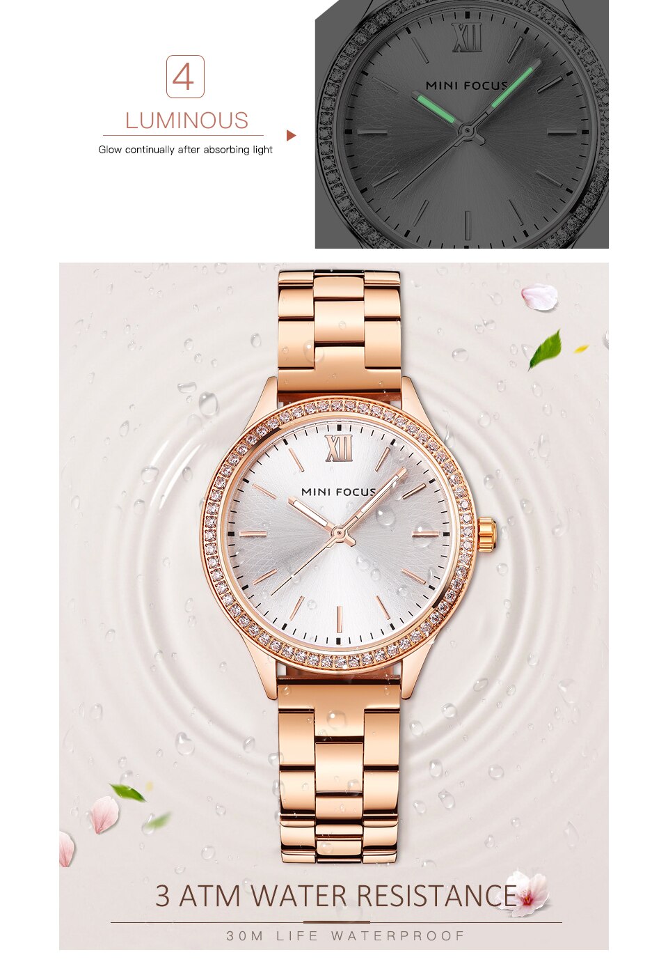 Royal Dress Elegant Ladies Quartz Watch with stainless steel strap and crystal design, showcasing luxury and style.