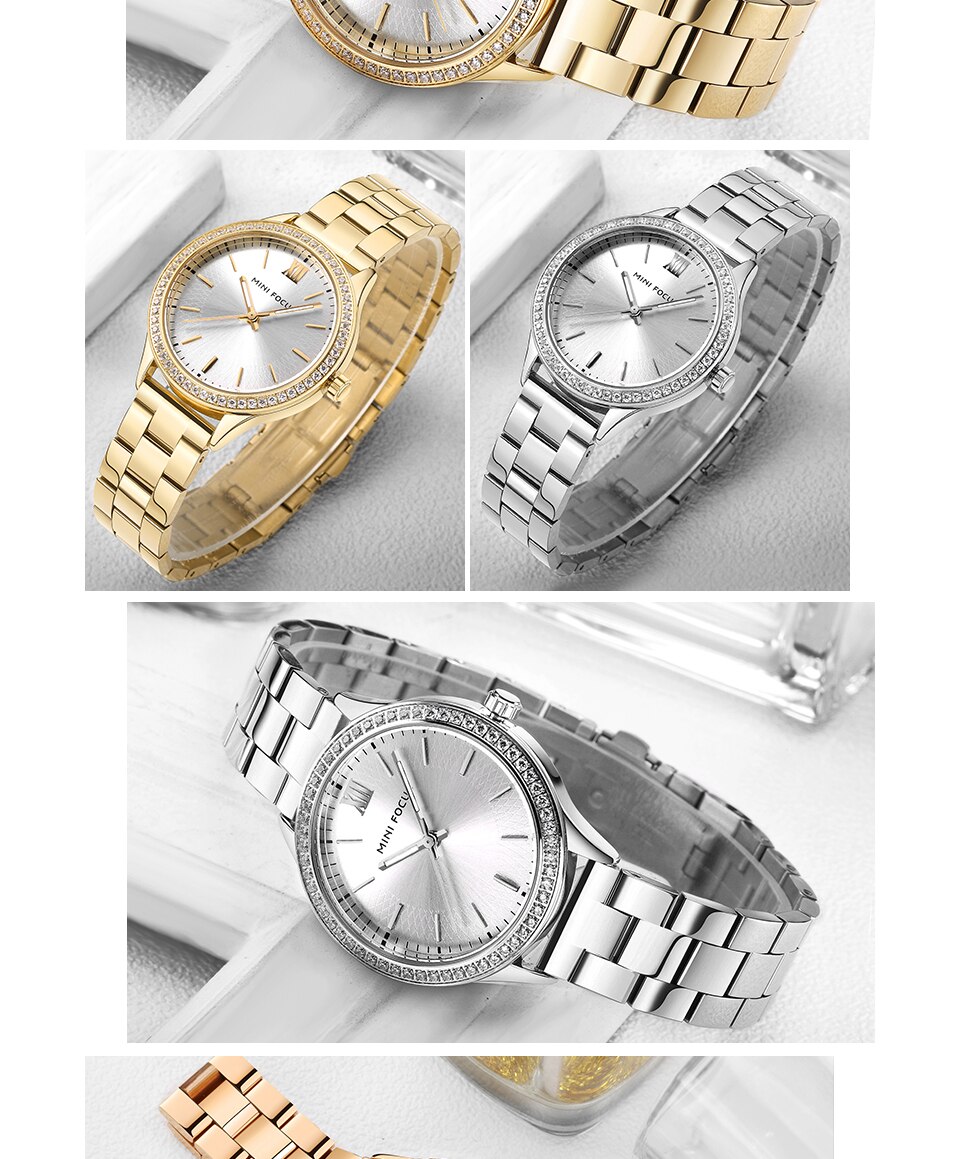 Royal Dress Elegant Ladies Quartz Watch with stainless steel strap and crystal design, showcasing luxury and style.