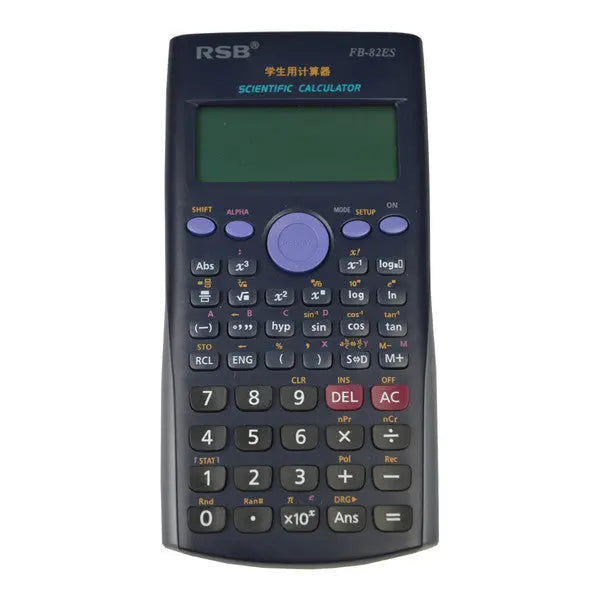 RSB Scientific Calculator 82-ES with a natural textbook display and slide-on hard case, showcasing its buttons and functions.