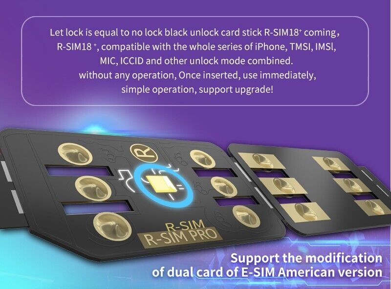 R-SIM18+ RSIM 18+ Nano Unlock Card designed for iPhone 14 Plus, 13, 12, 11 Pro Max, featuring a compact design and easy installation.