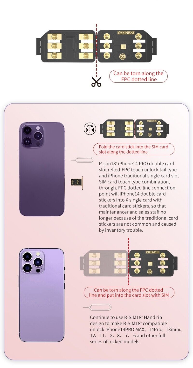 R-SIM18+ RSIM 18+ Nano Unlock Card designed for iPhone 14 Plus, 13, 12, 11 Pro Max, featuring a compact design and easy installation.