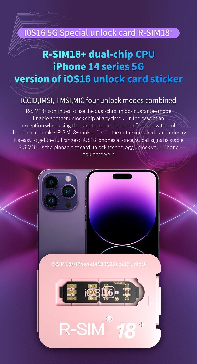 R-SIM18+ RSIM 18+ Nano Unlock Card designed for iPhone 14 Plus, 13, 12, 11 Pro Max, featuring a compact design and easy installation.