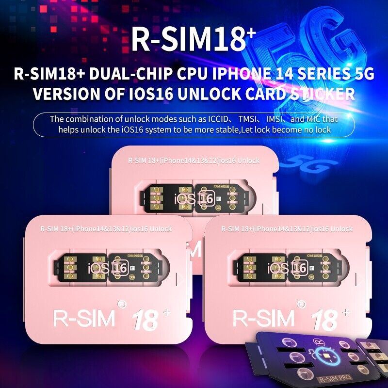 R-SIM18+ RSIM 18+ Nano Unlock Card designed for iPhone 14 Plus, 13, 12, 11 Pro Max, featuring a compact design and easy installation.