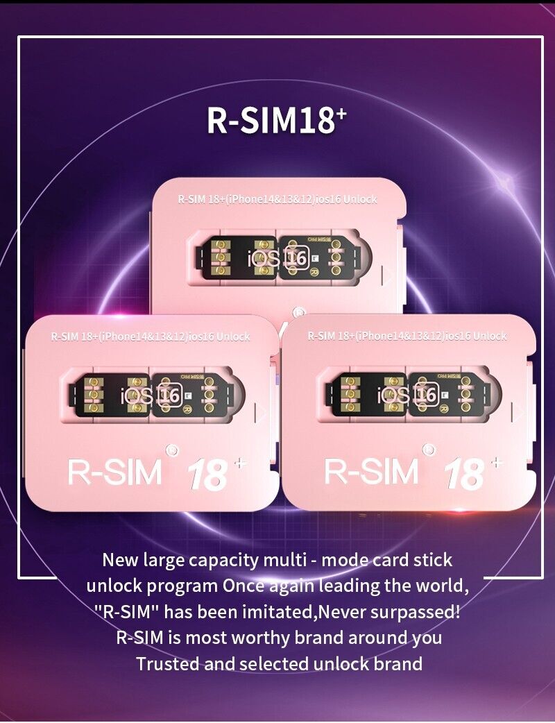 R-SIM18+ RSIM 18+ Nano Unlock Card designed for iPhone 14 Plus, 13, 12, 11 Pro Max, featuring a compact design and easy installation.