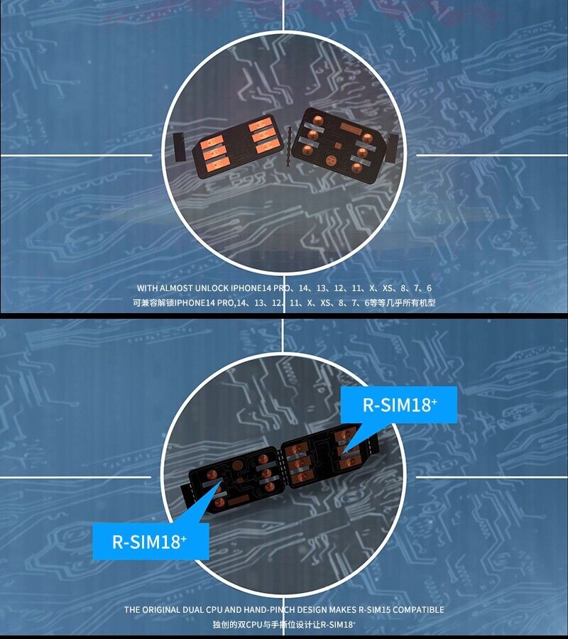 R-SIM18+ RSIM 18+ Nano Unlock Card designed for iPhone 14 Plus, 13, 12, 11 Pro Max, featuring a compact design and easy installation.