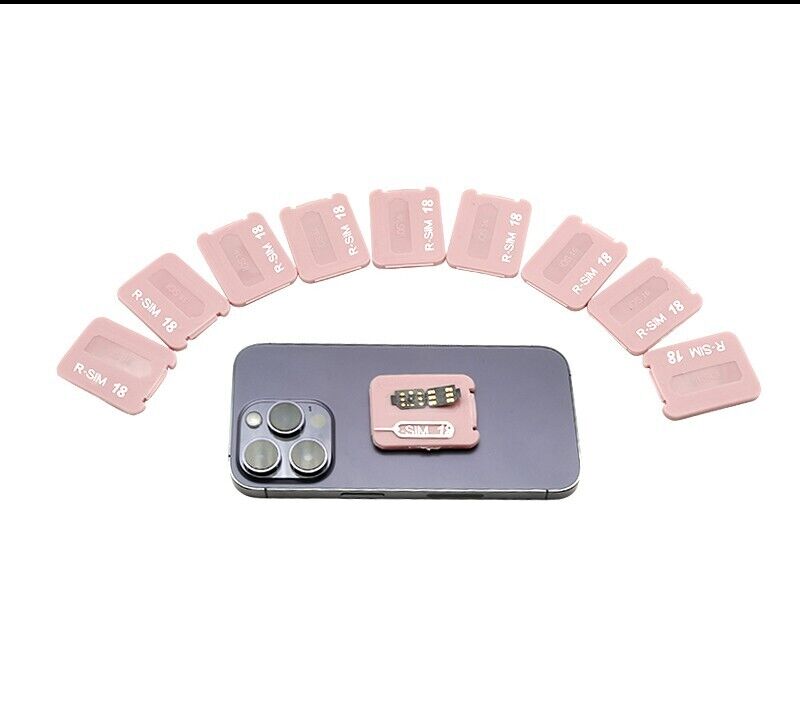 R-SIM18+ RSIM 18+ Nano Unlock Card designed for iPhone 14 Plus, 13, 12, 11 Pro Max, featuring a compact design and easy installation.