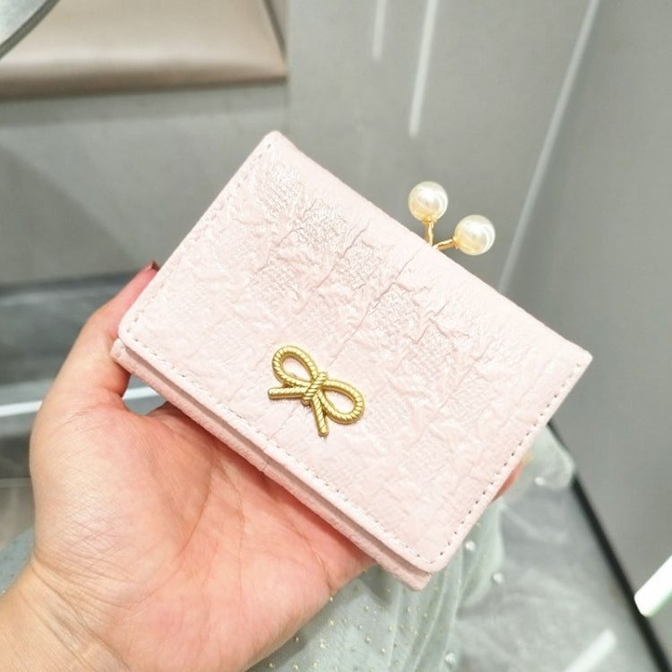 Light Pink Ruched Textured Bow Pearl Clip Tri-Fold Short Wallet showcasing elegant design and compact size.
