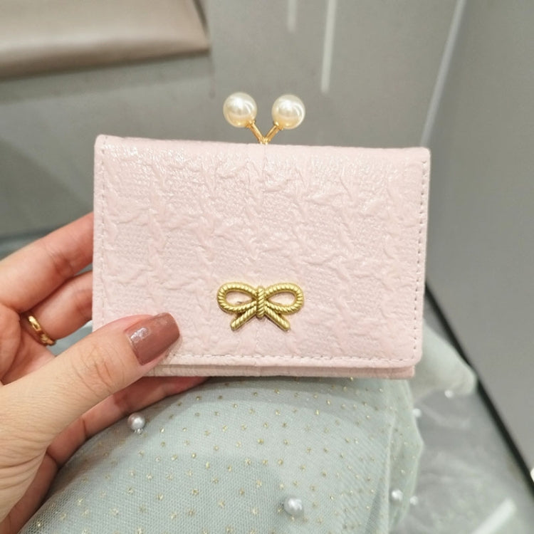 Light Pink Ruched Textured Bow Pearl Clip Tri-Fold Short Wallet showcasing elegant design and compact size.